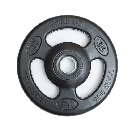 York Barbell 2-Inch ISO-Grip Rubber Encased Steel Olympic Plates (35 Lb) – Comfortable 3-Grip Design, Anti-Pinch Hub, Durable Steel Composite for Home, School, & Commercial Gym-hydrafitnessparts