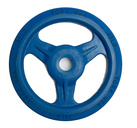York Barbell Bumper Grip Cast Steel Composite Milled Plate – 3-Grip Design for Easy Handling – Rubber-Coated for Floor Protection – Durable Aluminum Steel Composite Hub – Blue in 35 lb-hydrafitnessparts