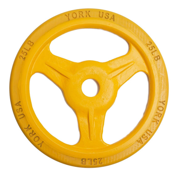 York Barbell Bumper Grip Cast Steel Composite Milled Plate – 3-Grip Design for Easy Handling – Rubber-Coated for Floor Protection – Durable Aluminum Steel Composite Hub – Yellow in 25 lb-hydrafitnessparts