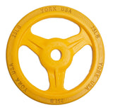 York Barbell Bumper Grip Cast Steel Composite Milled Plate – 3-Grip Design for Easy Handling – Rubber-Coated for Floor Protection – Durable Aluminum Steel Composite Hub – Yellow in 25 lb-hydrafitnessparts