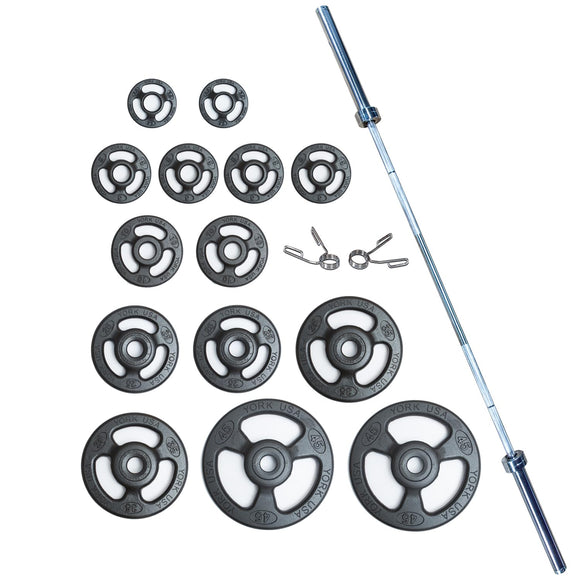 York Barbell ISO-Grip Steel Olympic Plate Set with 7' Barbell & Spring Collars – Anti-Pinch 3-Grip Design, Steel Composite Coating, 1000lb Capacity, Ideal for Home, School, and Commercial Gym-hydrafitnessparts