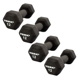 York Barbell Neoprene Hexagon Dumbbells with Cast Ergo Handle (12lb, Pack of 4)-hydrafitnessparts