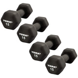 York Barbell Neoprene Hexagon Dumbbells with Cast Ergo Handle (15lb, Pack of 4) | Durable Anti-Slip Exercise & Fitness Strength Training Free Weights for Home Gym | Black | For Men & Women-hydrafitnessparts
