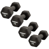 York Barbell Neoprene Hexagon Dumbbells with Cast Ergo Handle (15lb, Pack of 4)-hydrafitnessparts
