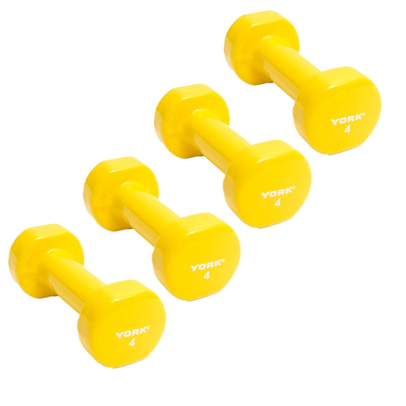 York Barbell Vinyl Coated Fitbell Dumbbell (4LB, Pack of 4) | Durable Anti-Roll Anti-Slip, Color Yellow | Ideal for Arm Rows Squats Chest Presses Bicep Curls Walking Jogging & Yoga-hydrafitnessparts