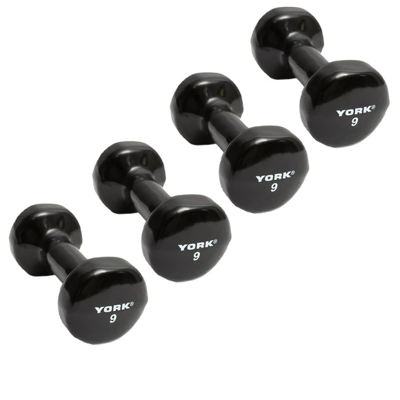 York Barbell Vinyl Coated Fitbell Dumbbell (9LB, Pack of 4) | Durable Anti-Roll Anti-Slip, Color Black | Ideal for Arm Rows Squats Chest Presses Bicep Curls Walking Jogging & Yoga-hydrafitnessparts
