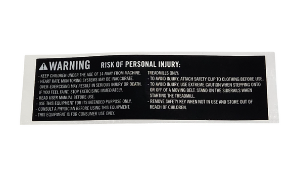 Horizon Fitness TM1020 PTM1020 PTM1020B TM1030 TM1030B Treadmill Overlay Operation Warning English Label 1000469102