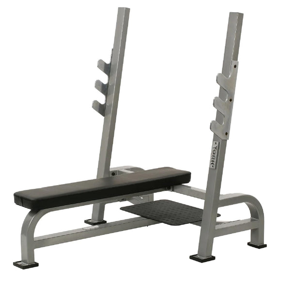 STS Olympic Flat Bench Press with Gun Rack Bar Holders, Silver Commerc ...