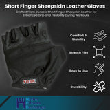 York Barbell Firm Fit Weight Lifting Gloves Pair - Black (S, M, L, SL) - Fingerless Cow Hide Leather, Spandex Back Elastic Wrist Band with Close strap - Anti - Slip Grip for Weightlifting Training - hydrafitnessparts