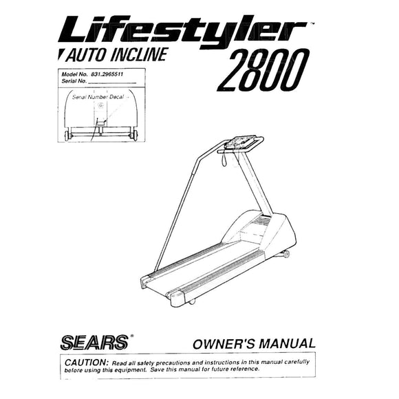 Lifestyler 2800 - 831.296550 831.2965511 Treadmill Owner Manual 104927 - hydrafitnessparts