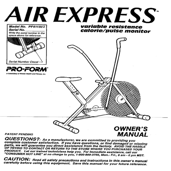 Proform Air Express 800 - Pf411502 Stationary Bike Owner Manual 107703 - hydrafitnessparts