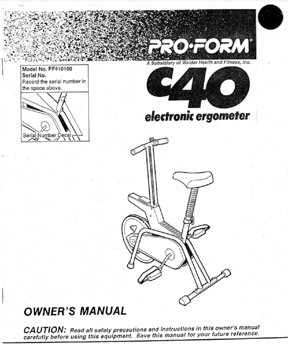 ProForm C40 - PF410100 Stationary Bike Owners Manual 102533 - hydrafitnessparts