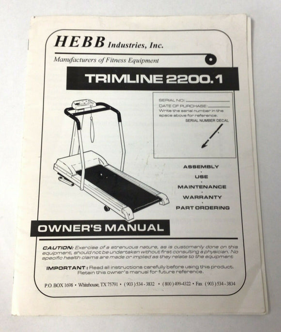 Trimline 2200.1 Treadmill Original Owner Manual 2200.1 - hydrafitnessparts