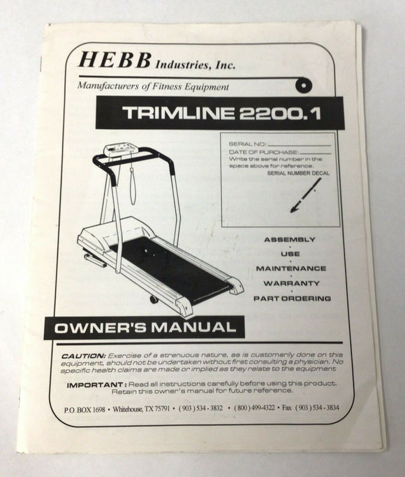 Trimline 2200.1 Treadmill Original Owner Manual - hydrafitnessparts