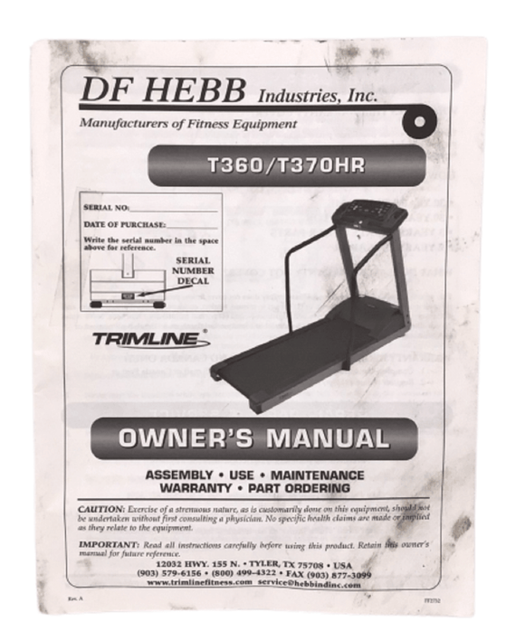 Trimline T360.2 T370hr Treadmill Owner's Manual Hebb T370HR - hydrafitnessparts