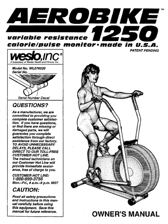 Weslo Aero 1250 - Wl076020 Stationary Bike Owner Manual 108480 - hydrafitnessparts