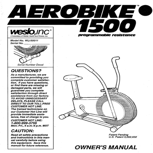 Weslo Aero 1500 - Wl150011 Stationary Bike Owner Manual 106028 - hydrafitnessparts