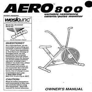 Weslo Aero 800 - Wl402302 Stationary Bike Owner Manual 105918 - hydrafitnessparts