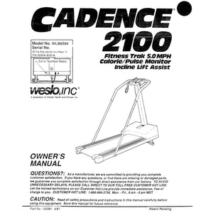 Weslo Cadence 2100 - Wl360504 Treadmill Owners Manual 102591 - hydrafitnessparts