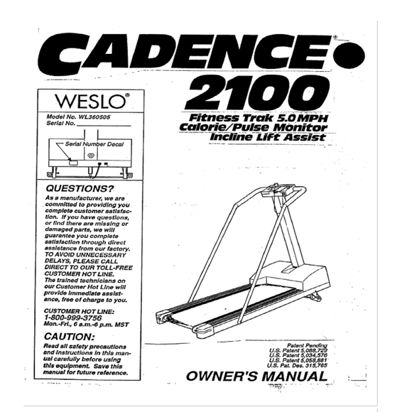 Weslo Cadence 2100 - Wl360505 Treadmill Owner Manual 106919 - hydrafitnessparts