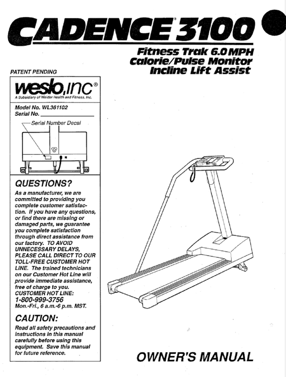 Weslo CADENCE 3100 WL361102 WL361103 Treadmill Owners Manual 102611 - hydrafitnessparts