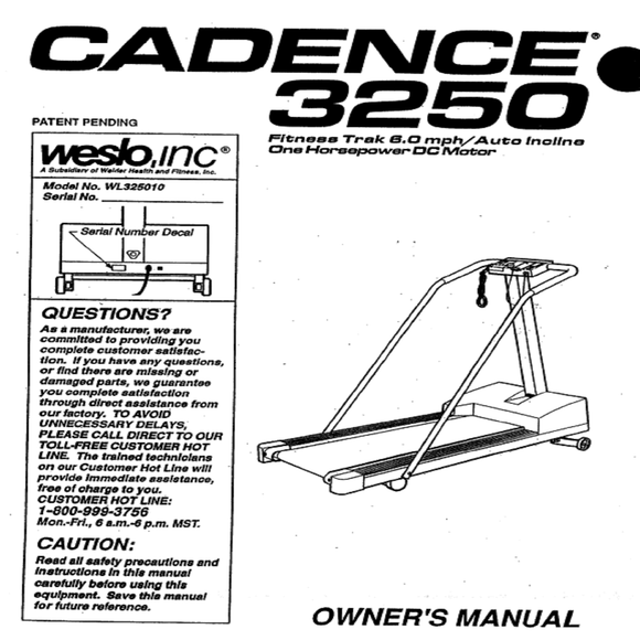 Weslo Cadence 3250 - Wl325010 Treadmill Owner Manual 104630 - hydrafitnessparts