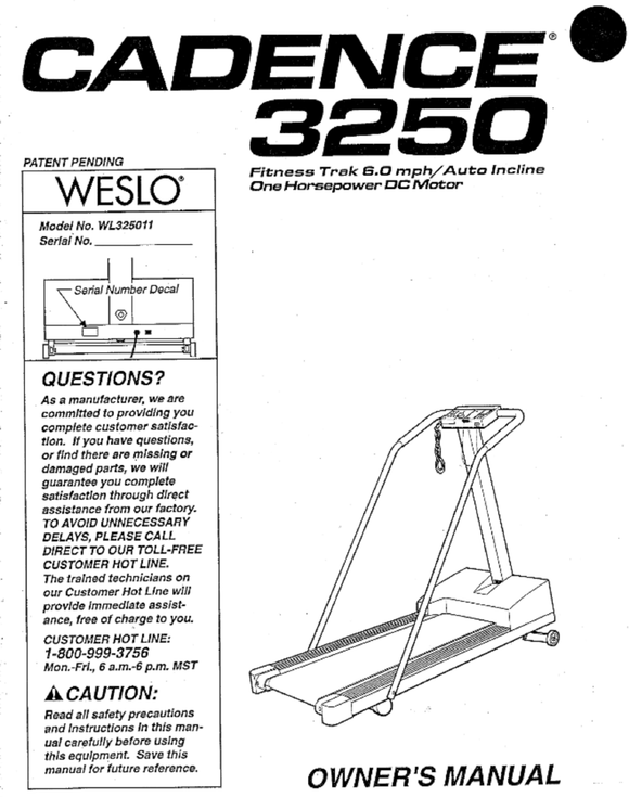 Weslo Cadence 3250 - Wl325011 Treadmill Owner Manual 116994 - hydrafitnessparts