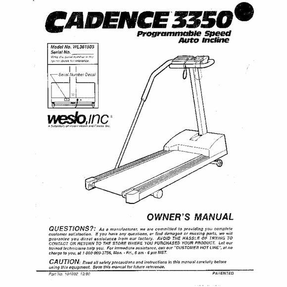 Weslo Cadence 3350 - Wl361503 Treadmill Owner Manual 104032 - hydrafitnessparts