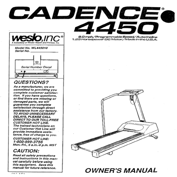 Weslo Cadence 4450 - Wl445010 Treadmill Owner Manual 106292 - hydrafitnessparts