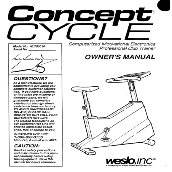 Weslo Concept - Wl750010 Stationary Bike Owner Manual 105810 - hydrafitnessparts