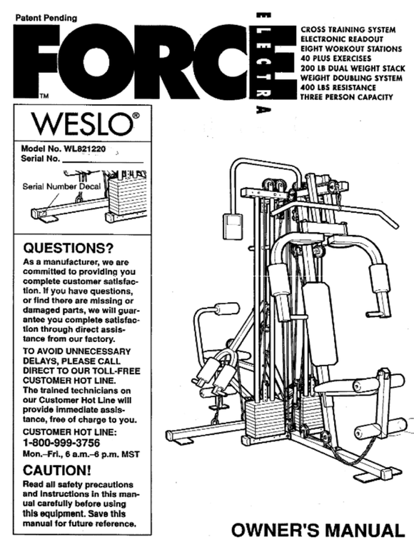 Weslo Electra - Wl821220 Strength System Owner Manual 111820 - hydrafitnessparts