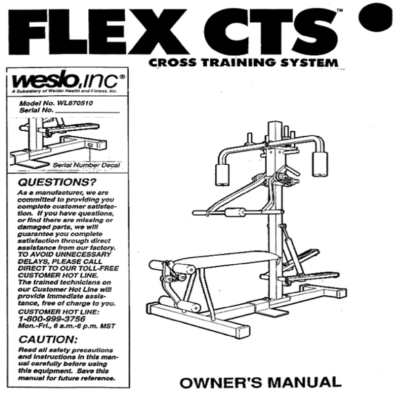 Weslo Flex CTS Wl870510 Wl870511 Strength System Owner Manual 104798 - hydrafitnessparts